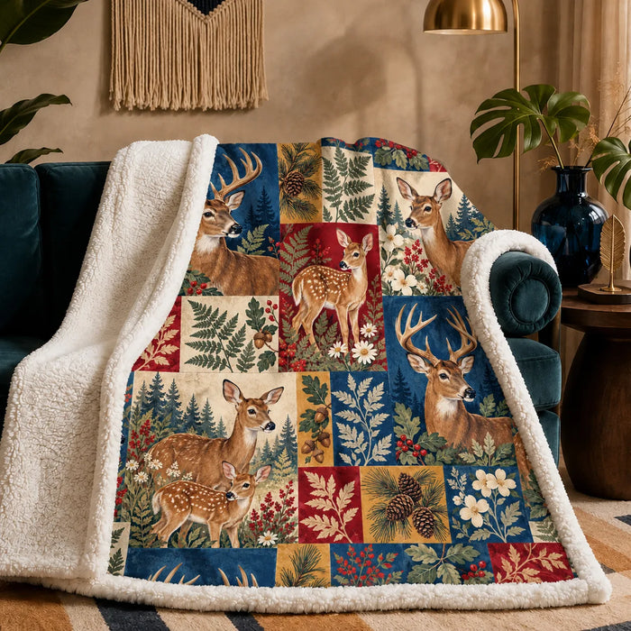 Heirloom Patchwork Deer sherpa blanket — deer and fawns in navy, red, mustard and cream patchwork blocks with ferns and pinecones