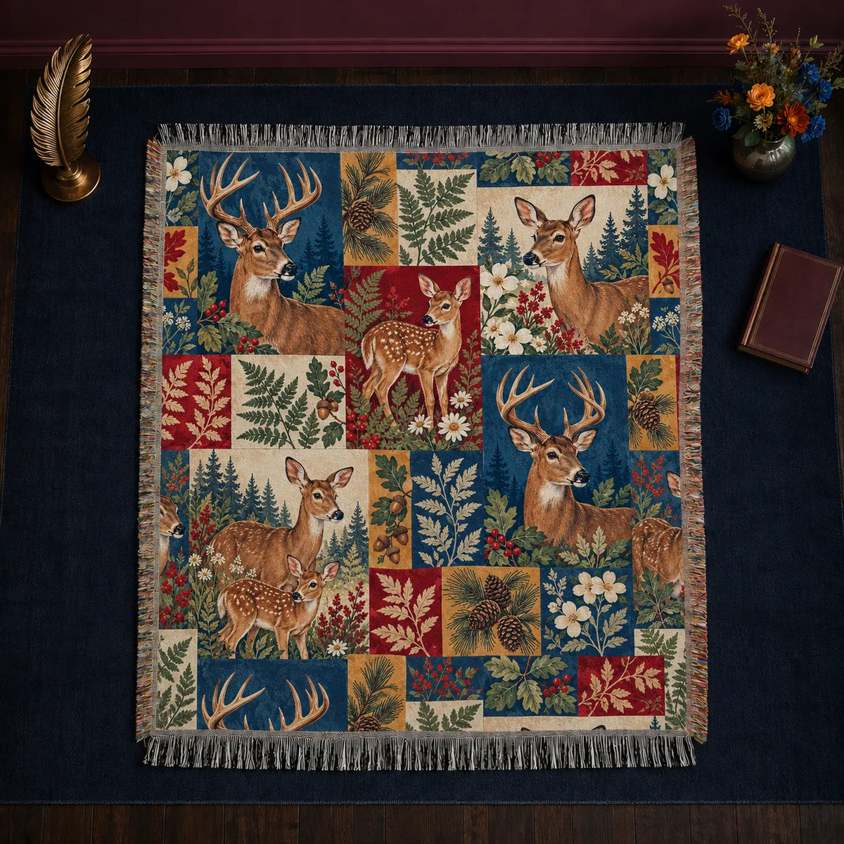Heirloom Patchwork Deer woven throw blanket — deer and fawns in navy, red, mustard and cream patchwork blocks with ferns and pinecones