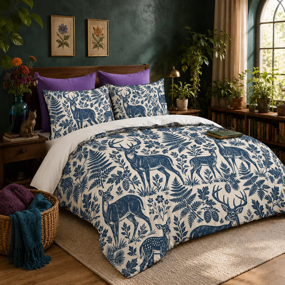 Indigo Block Print Deer duvet cover set — indigo linocut-style deer, fawns, ferns, oak leaves and pinecones on oatmeal