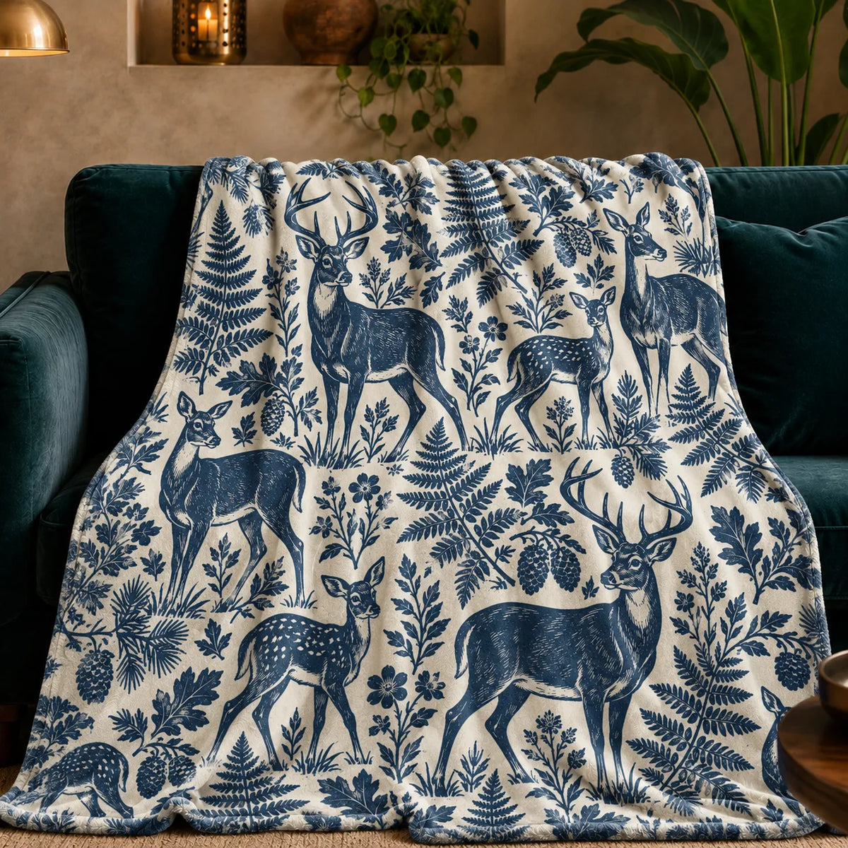 Indigo Block Print Deer fleece throw blanket — indigo linocut-style deer, fawns, ferns, oak leaves and pinecones on oatmeal