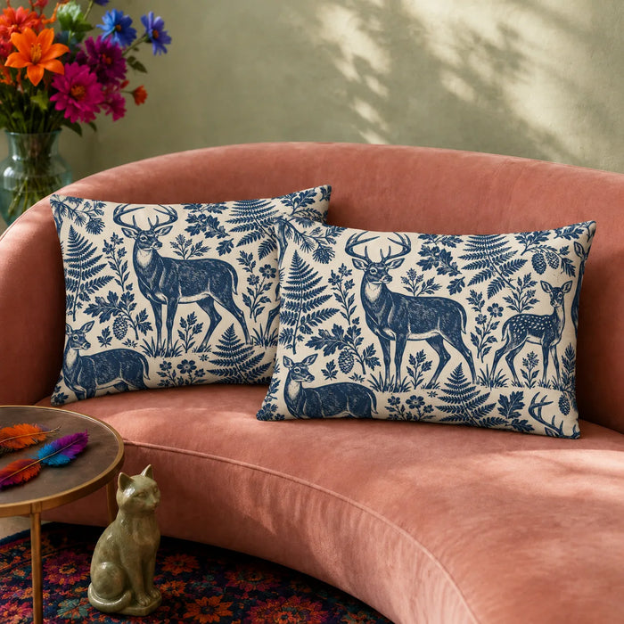 Indigo Block Print Deer pillowcase set — indigo linocut-style deer, fawns, ferns, oak leaves and pinecones on oatmeal