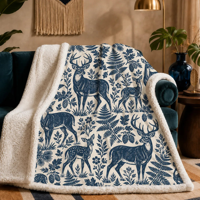 Indigo Block Print Deer sherpa blanket — indigo linocut-style deer, fawns, ferns, oak leaves and pinecones on oatmeal