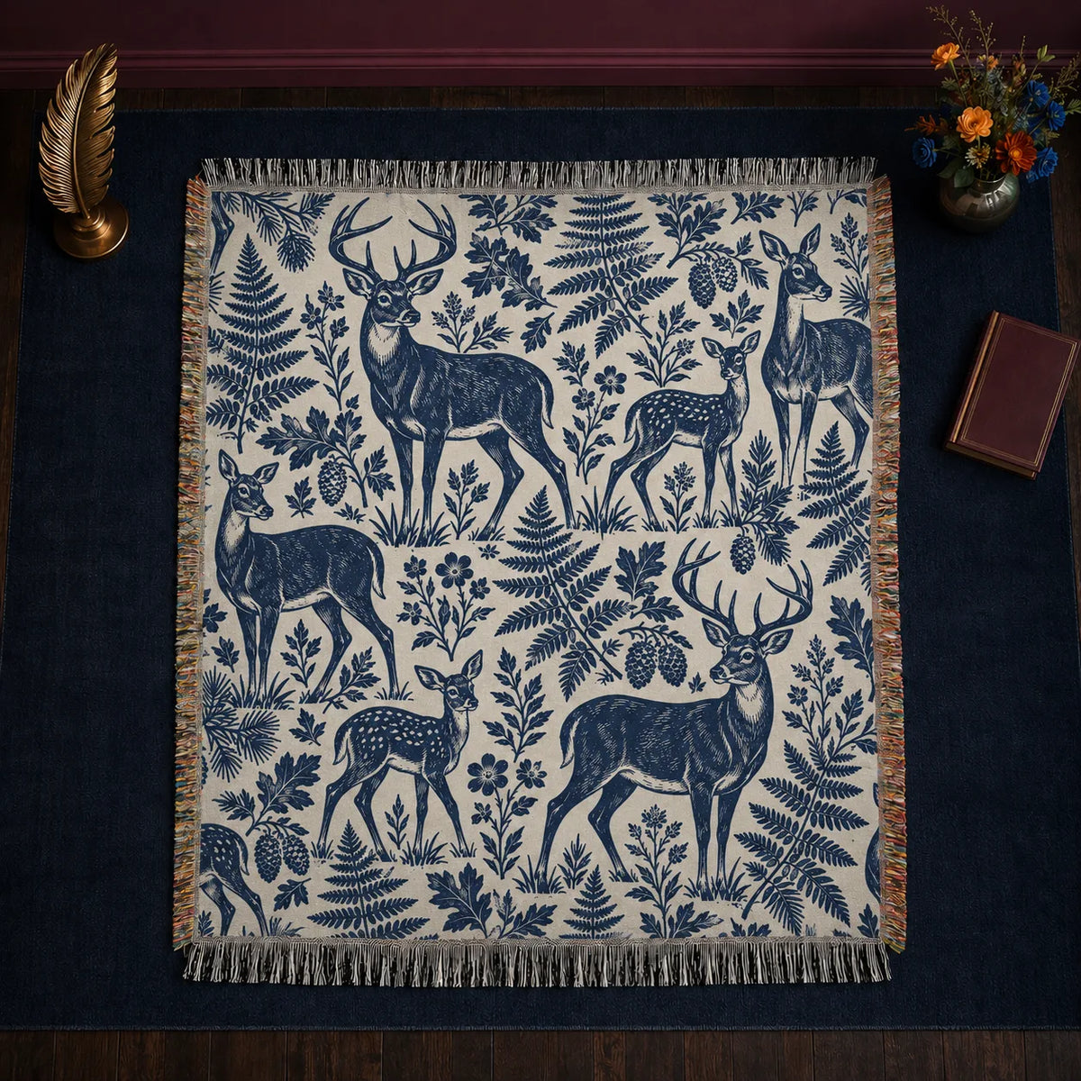 Indigo Block Print Deer woven throw blanket — indigo linocut-style deer, fawns, ferns, oak leaves and pinecones on oatmeal