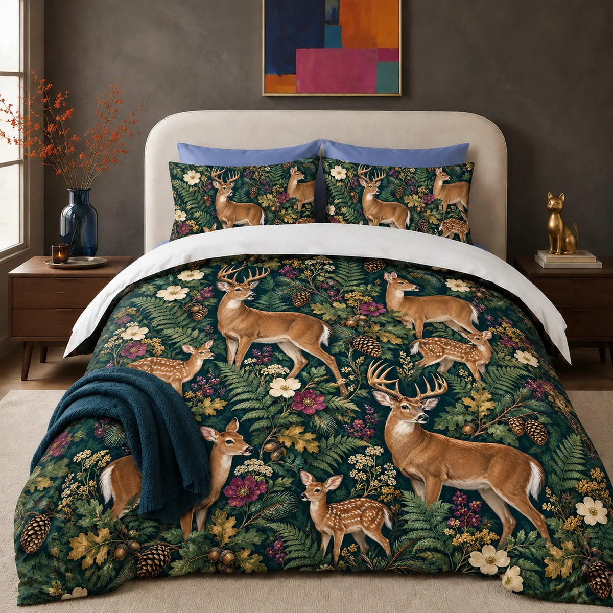 Jewel Botanical Deer comforter set — tan deer and fawns among ferns, plum flowers and gold oak leaves on deep teal