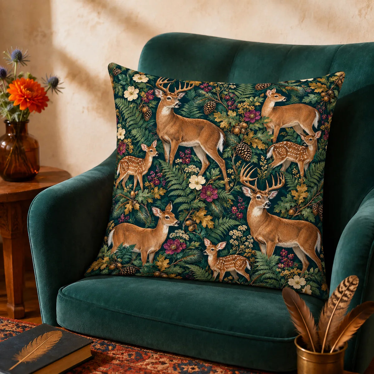 Jewel Botanical Deer cushion cover set — tan deer and fawns among ferns, plum flowers and gold oak leaves on deep teal