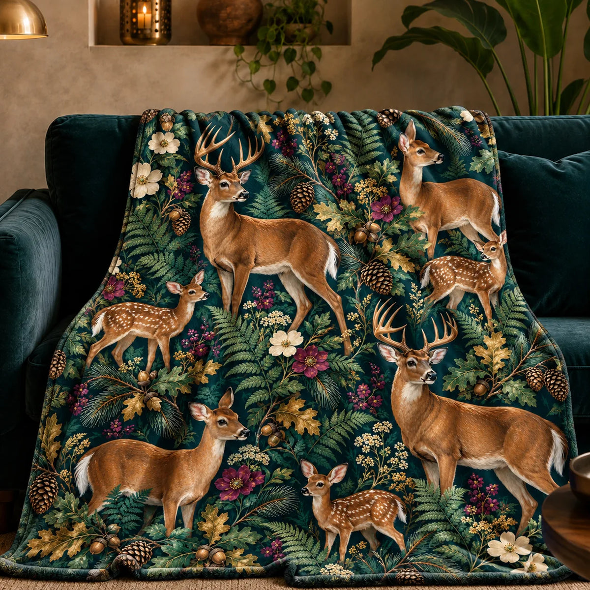 Jewel Botanical Deer fleece throw blanket — tan deer and fawns among ferns, plum flowers and gold oak leaves on deep teal