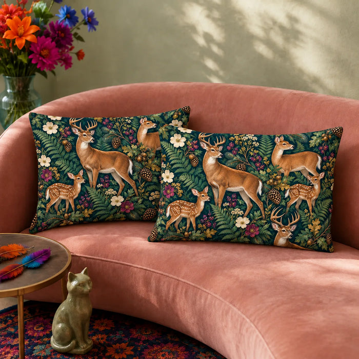Jewel Botanical Deer pillowcase set — tan deer and fawns among ferns, plum flowers and gold oak leaves on deep teal
