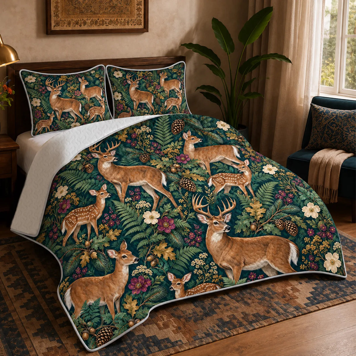 Jewel Botanical Deer quilt set — tan deer and fawns among ferns, plum flowers and gold oak leaves on deep teal