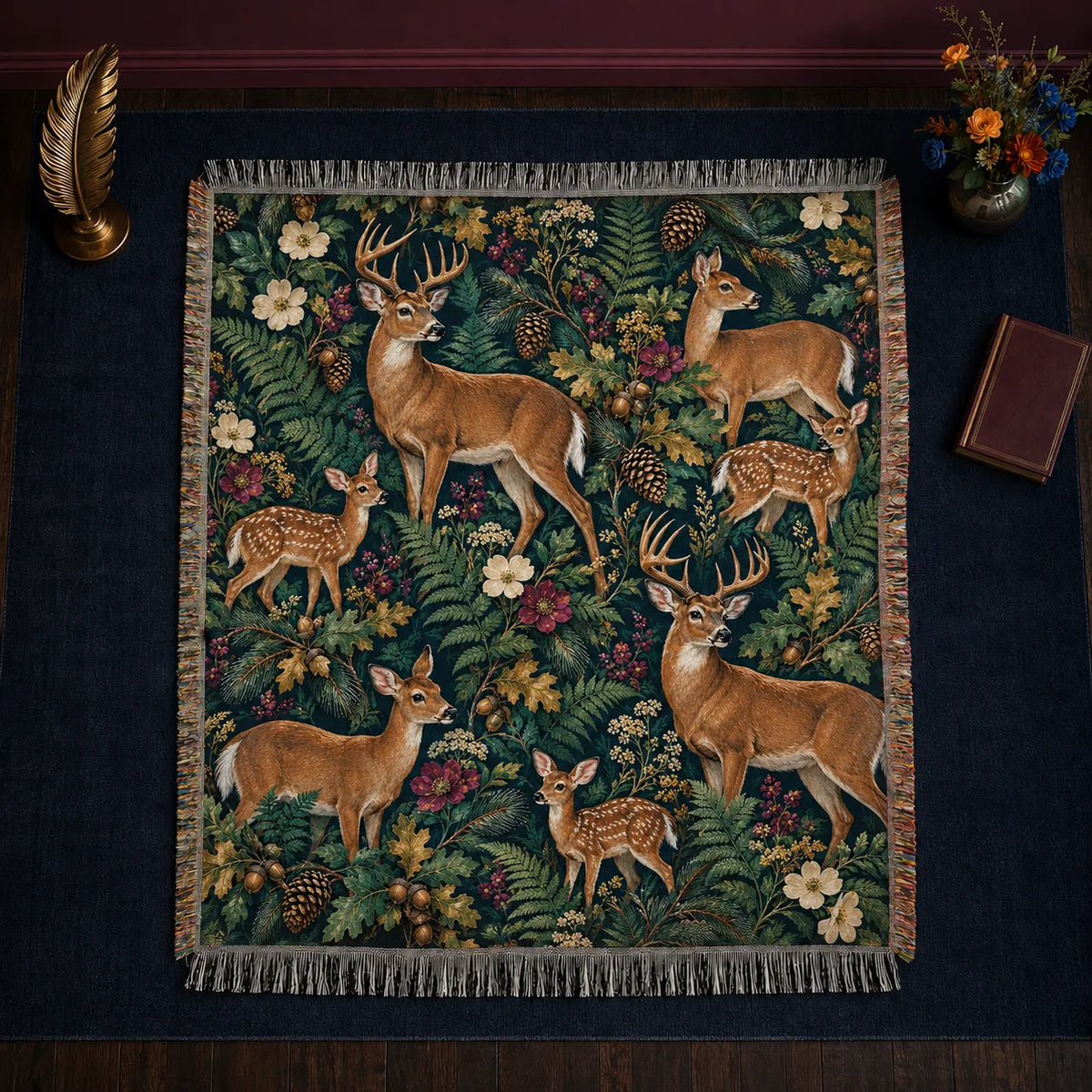 Jewel Botanical Deer woven throw blanket — tan deer and fawns among ferns, plum flowers and gold oak leaves on deep teal
