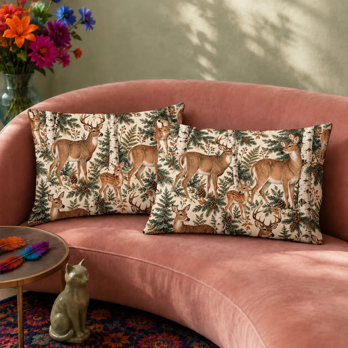 Birch Hollow Deer pillowcase set — lifelike deer and spotted fawns among birch trunks, pine boughs and pinecones on cream