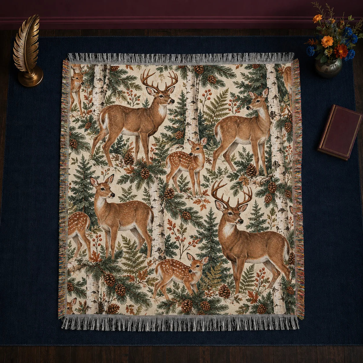 Birch Hollow Deer woven throw blanket — lifelike deer and spotted fawns among birch trunks, pine boughs and pinecones on cream