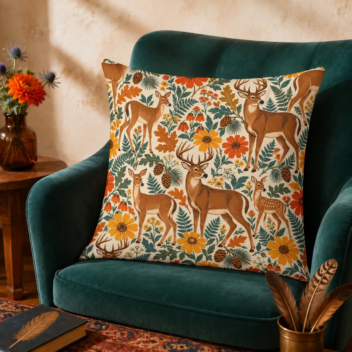 Retro Floral Deer cushion cover set — tan deer among orange and mustard retro daisies, teal ferns and oak leaves on cream
