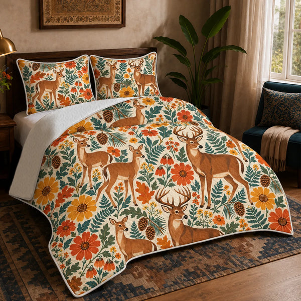 Retro Floral Deer quilt set — tan deer among orange and mustard retro daisies, teal ferns and oak leaves on cream