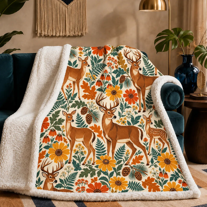 Retro Floral Deer sherpa blanket — tan deer among orange and mustard retro daisies, teal ferns and oak leaves on cream