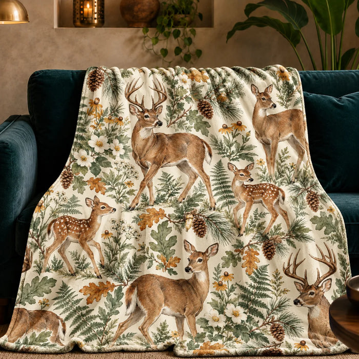Sage Ink Wash Deer fleece throw blanket — watercolor deer and fawns among sage ferns, ochre oak leaves and black-eyed Susans on cream