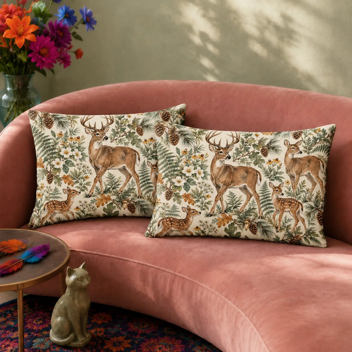 Sage Ink Wash Deer pillowcase set — watercolor deer and fawns among sage ferns, ochre oak leaves and black-eyed Susans on cream
