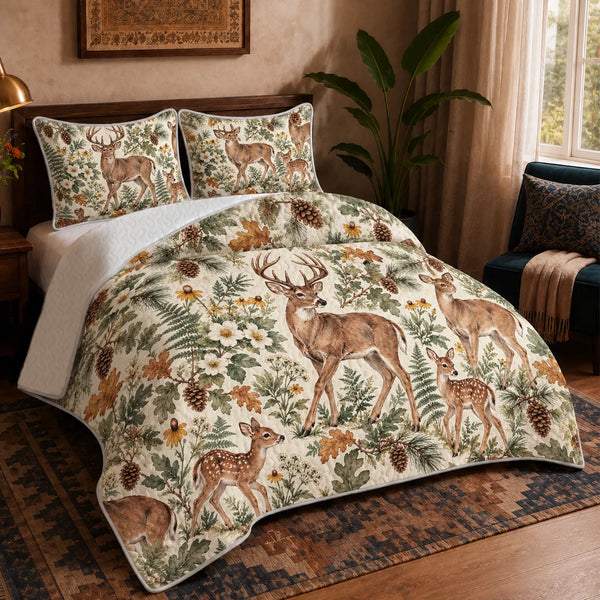 Sage Ink Wash Deer quilt set — watercolor deer and fawns among sage ferns, ochre oak leaves and black-eyed Susans on cream