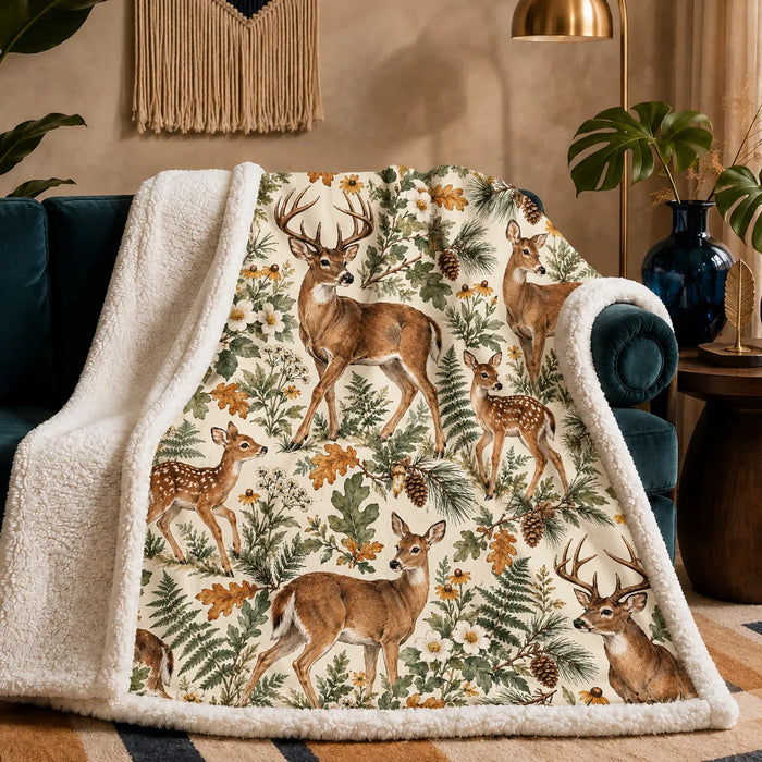 Sage Ink Wash Deer sherpa blanket — watercolor deer and fawns among sage ferns, ochre oak leaves and black-eyed Susans on cream