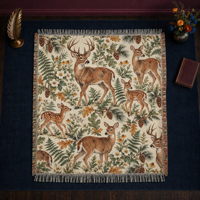 Sage Ink Wash Deer woven throw blanket — watercolor deer and fawns among sage ferns, ochre oak leaves and black-eyed Susans on cream