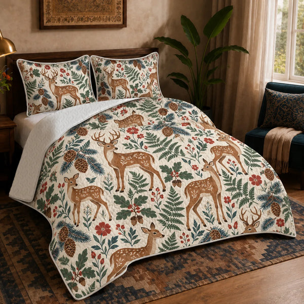 Scandinavian Folk Deer quilt set — tan folk-style deer with floral coats among green ferns, red flowers and pinecones on cream