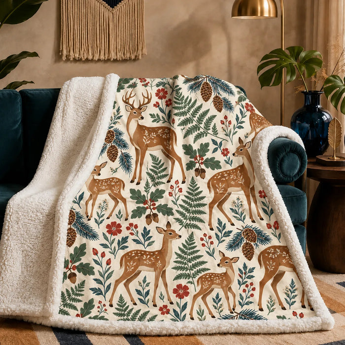 Scandinavian Folk Deer sherpa blanket — tan folk-style deer with floral coats among green ferns, red flowers and pinecones on cream