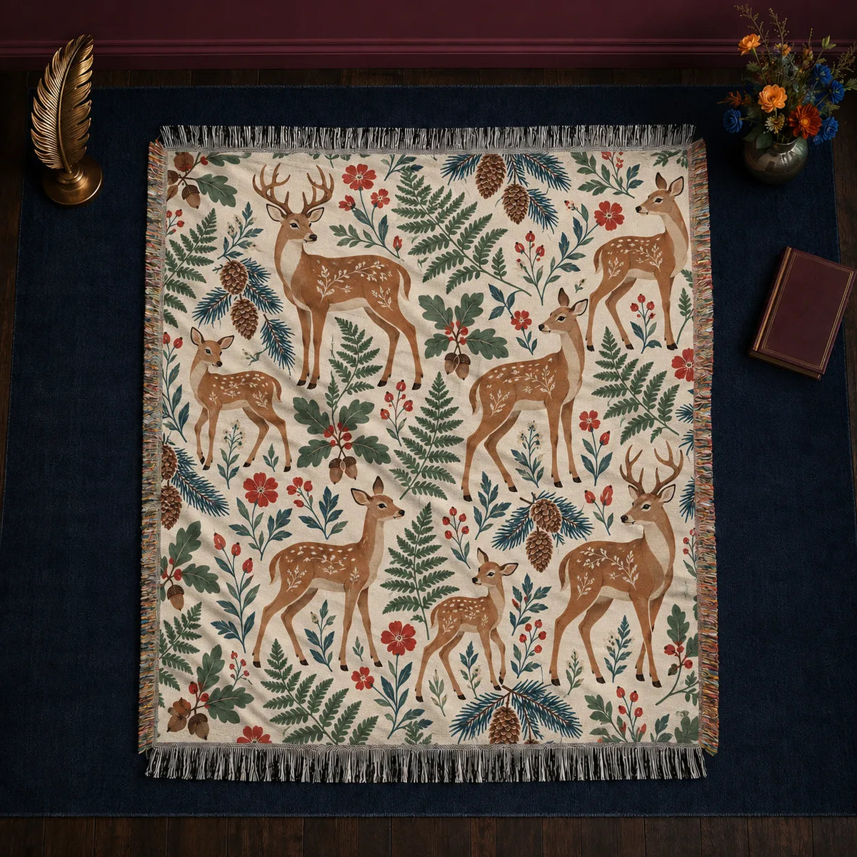 Scandinavian Folk Deer woven throw blanket — tan folk-style deer with floral coats among green ferns, red flowers and pinecones on cream