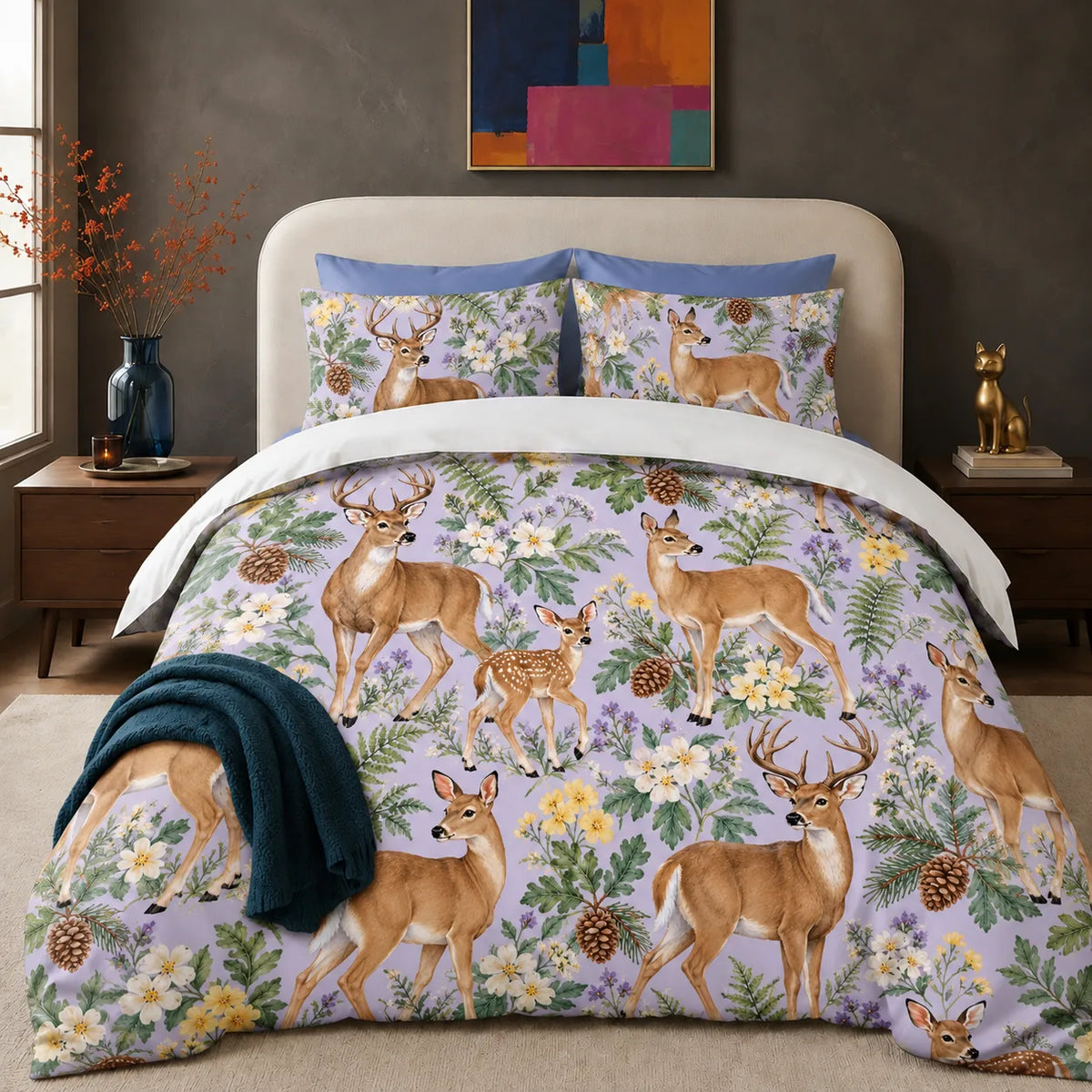 Spring Lilac Deer comforter set — deer and fawns among yellow primroses, cream blossoms and green ferns on pale lilac