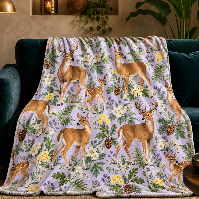 Spring Lilac Deer fleece throw blanket — deer and fawns among yellow primroses, cream blossoms and green ferns on pale lilac