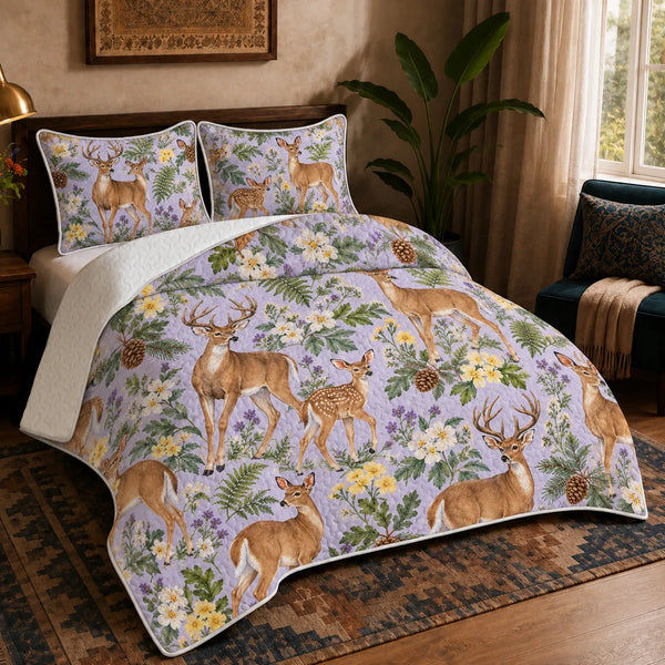 Spring Lilac Deer quilt set — deer and fawns among yellow primroses, cream blossoms and green ferns on pale lilac