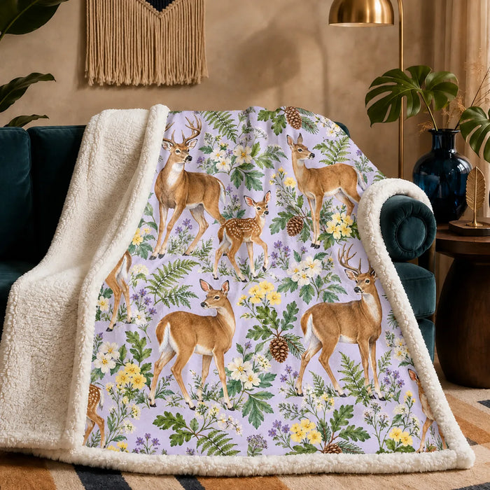 Spring Lilac Deer sherpa blanket — deer and fawns among yellow primroses, cream blossoms and green ferns on pale lilac