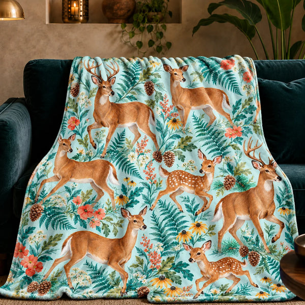 Summer Aqua Deer fleece throw blanket — trotting deer and fawns among teal ferns, coral flowers and black-eyed Susans on pale aqua