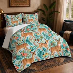 Summer Aqua Deer quilt set — trotting deer and fawns among teal ferns, coral flowers and black-eyed Susans on pale aqua