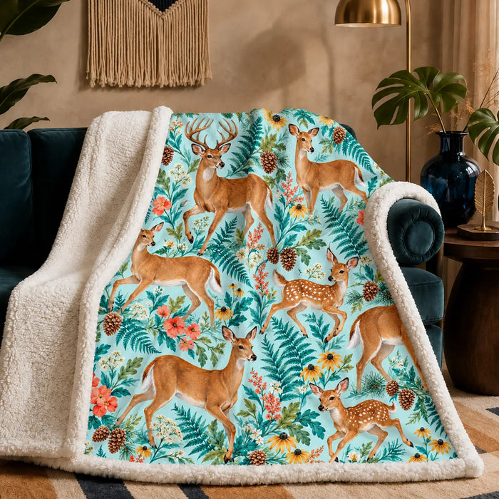 Summer Aqua Deer sherpa blanket — trotting deer and fawns among teal ferns, coral flowers and black-eyed Susans on pale aqua