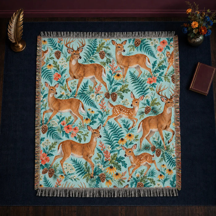 Summer Aqua Deer woven throw blanket — trotting deer and fawns among teal ferns, coral flowers and black-eyed Susans on pale aqua