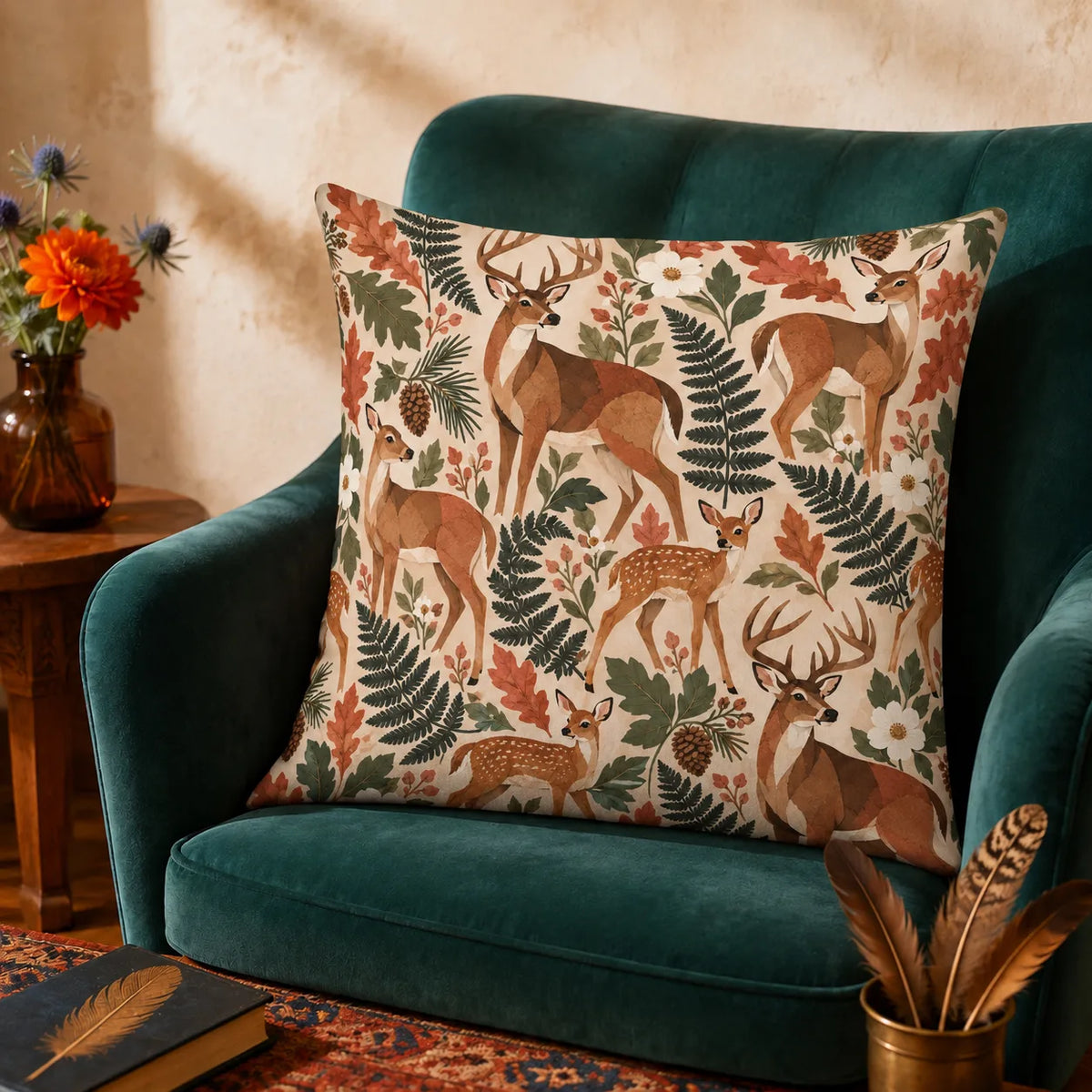 Terracotta Modern Deer cushion cover set — angular terracotta deer and fawns among green ferns and rust oak leaves on cream