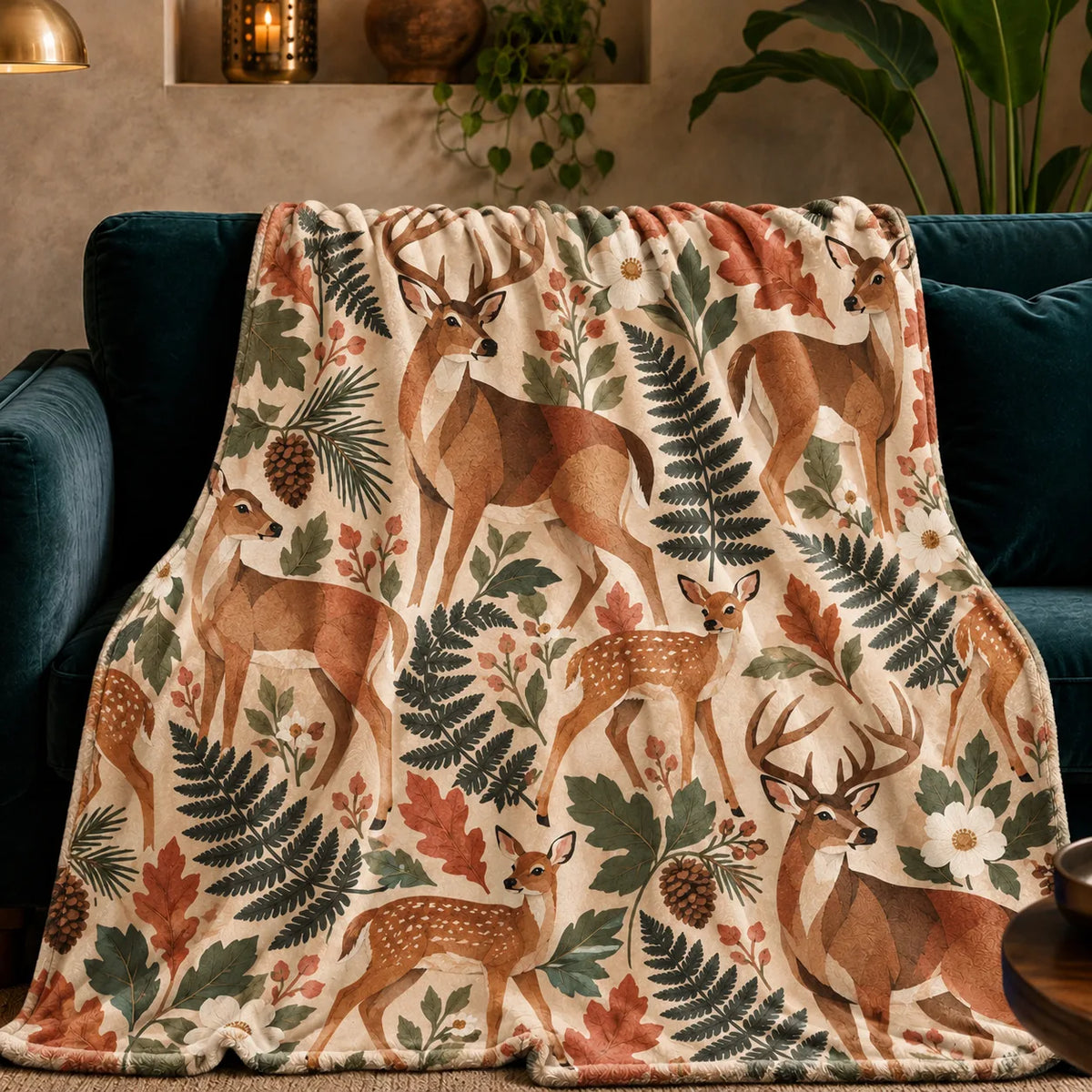 Terracotta Modern Deer fleece throw blanket — angular terracotta deer and fawns among green ferns and rust oak leaves on cream
