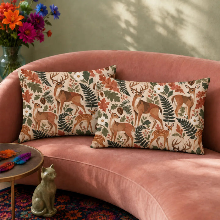 Terracotta Modern Deer pillowcase set — angular terracotta deer and fawns among green ferns and rust oak leaves on cream