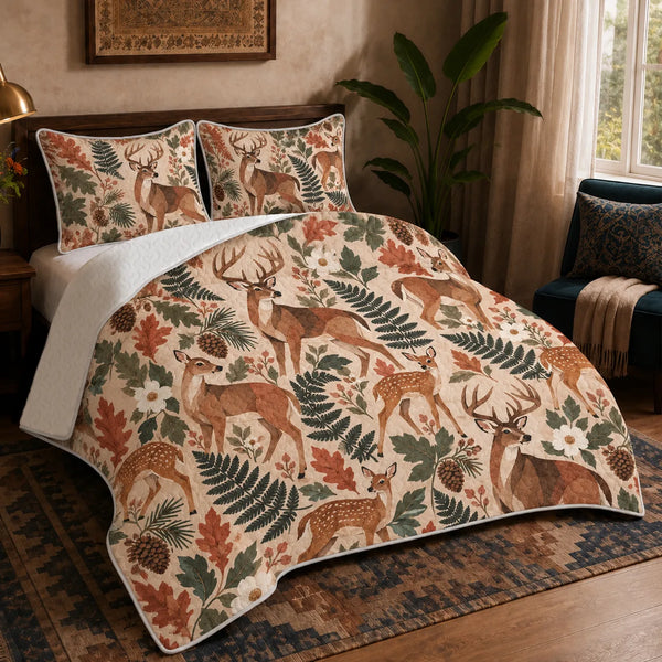 Terracotta Modern Deer quilt set — angular terracotta deer and fawns among green ferns and rust oak leaves on cream