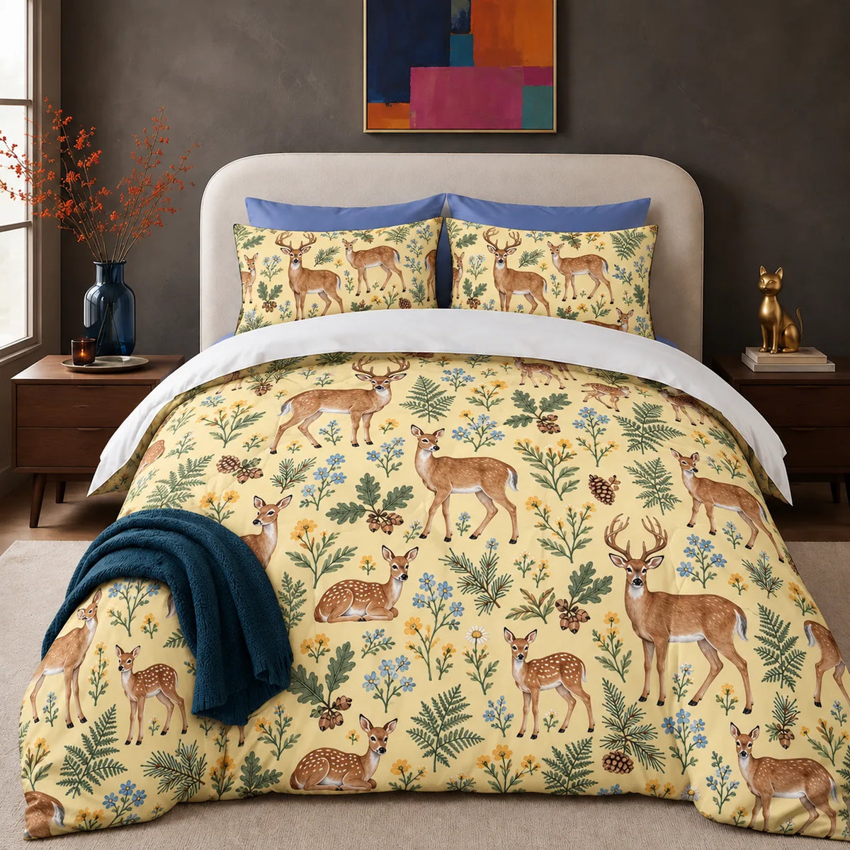Tiny Ditsy Deer comforter set — small deer and fawns scattered among forget-me-nots, buttercups and ferns on butter yellow