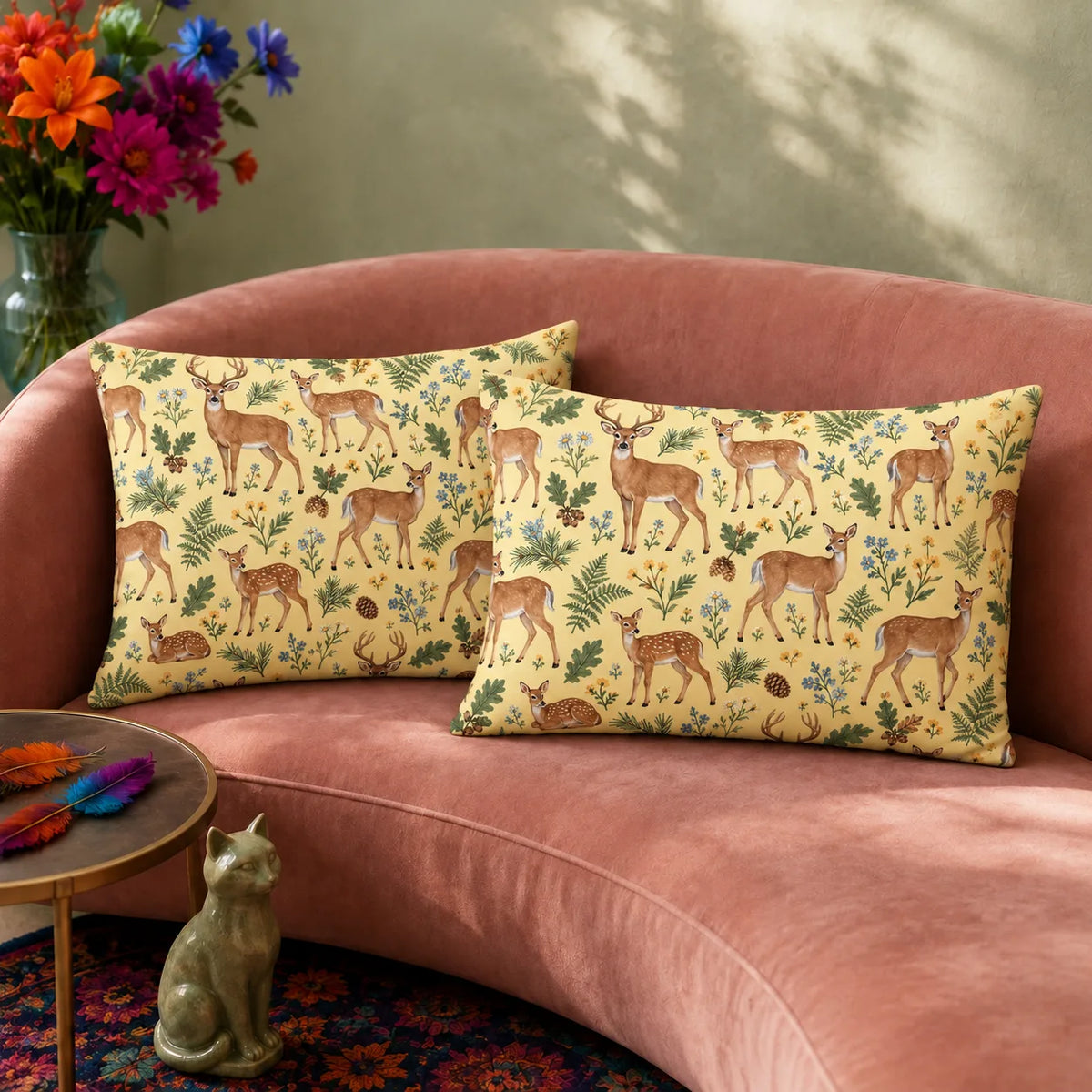 Tiny Ditsy Deer pillowcase set — small deer and fawns scattered among forget-me-nots, buttercups and ferns on butter yellow