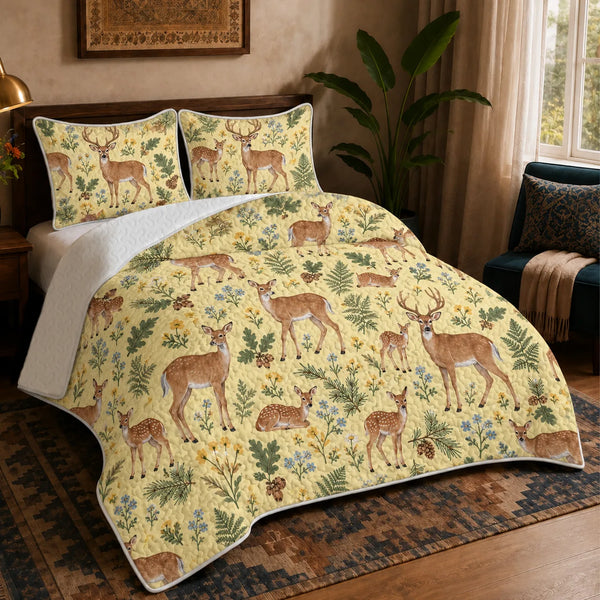 Tiny Ditsy Deer quilt set — small deer and fawns scattered among forget-me-nots, buttercups and ferns on butter yellow