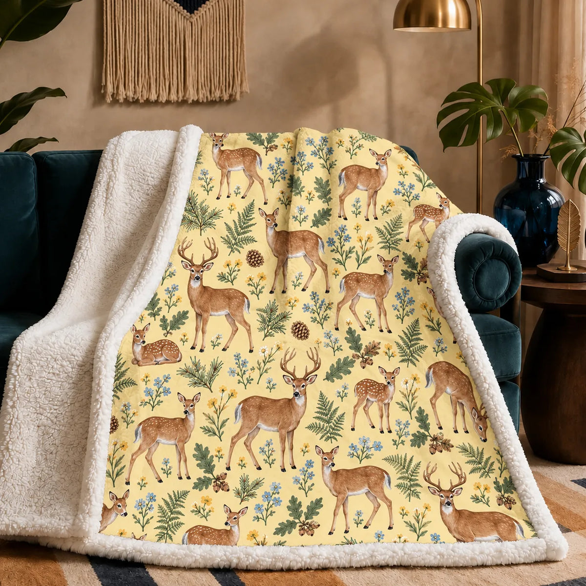 Tiny Ditsy Deer sherpa blanket — small deer and fawns scattered among forget-me-nots, buttercups and ferns on butter yellow