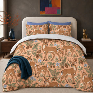 Whimsical Contour Deer comforter set — outlined cartoon deer and fawns among sage ferns, pinecones and pale blue flowers on apricot