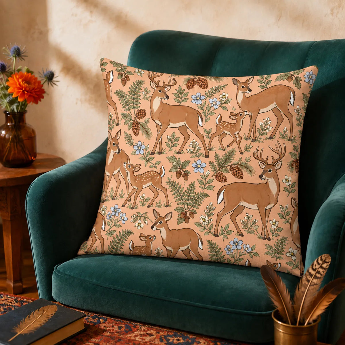 Whimsical Contour Deer cushion cover set — outlined cartoon deer and fawns among sage ferns, pinecones and pale blue flowers on apricot