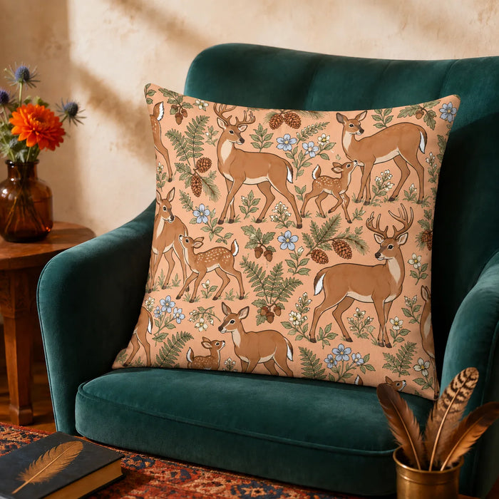 Whimsical Contour Deer cushion cover set — outlined cartoon deer and fawns among sage ferns, pinecones and pale blue flowers on apricot