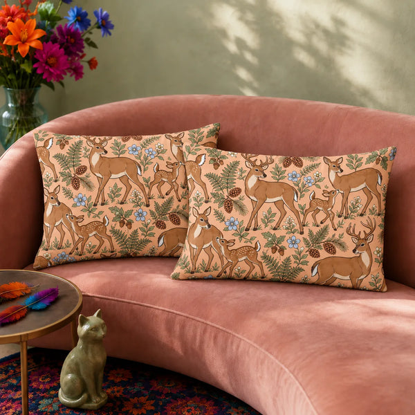 Whimsical Contour Deer pillowcase set — outlined cartoon deer and fawns among sage ferns, pinecones and pale blue flowers on apricot
