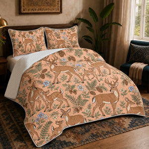 Whimsical Contour Deer quilt set — outlined cartoon deer and fawns among sage ferns, pinecones and pale blue flowers on apricot