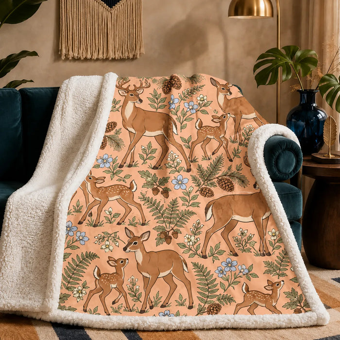 Whimsical Contour Deer sherpa blanket — outlined cartoon deer and fawns among sage ferns, pinecones and pale blue flowers on apricot