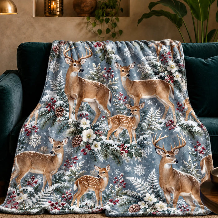 Winter Garden Deer fleece throw blanket — deer and fawns among snowy pine, red berries, white flowers and snowflakes on blue-gray