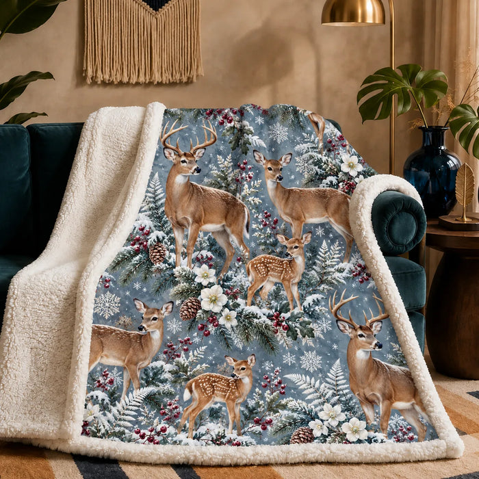 Winter Garden Deer sherpa blanket — deer and fawns among snowy pine, red berries, white flowers and snowflakes on blue-gray